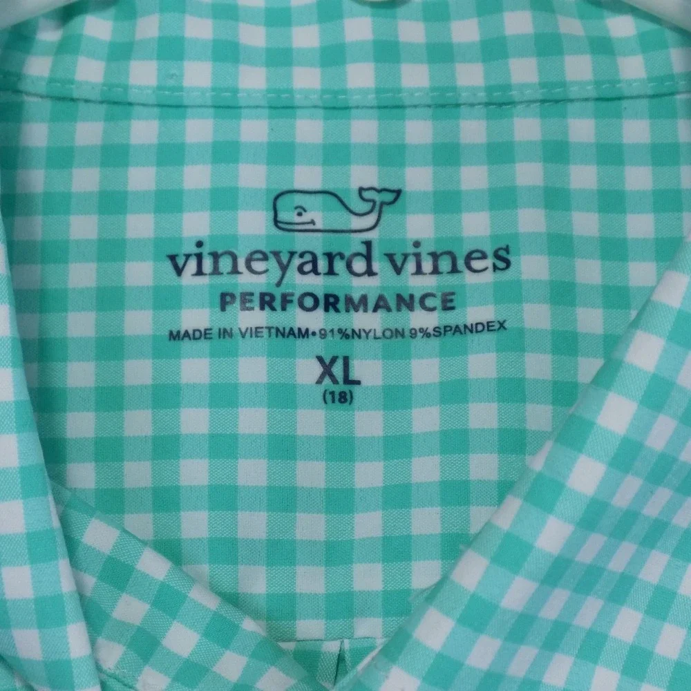 Vineyard Vines Performance Gingham Button Down Shirt Boys XL 18 Green White